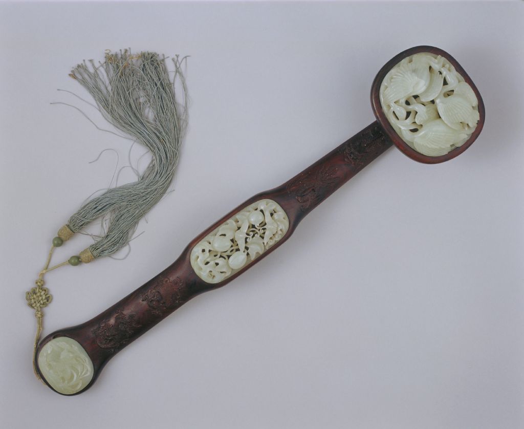 图片[1]-Blue jade carving with red sandalwood handle, three inlays of reed and wild goose, Ruyi-China Archive